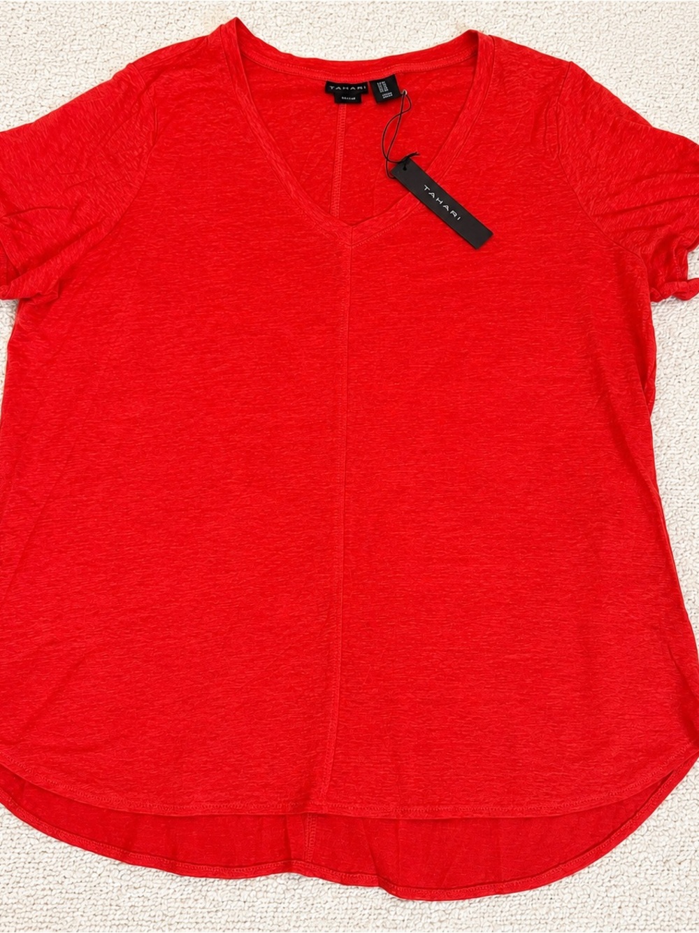 Tahari 100% Linen V-Neck Tee NWT Coral Red Short Sleeve Top Women’s 1X